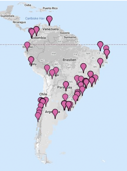 Map of South America showing performances of Ibsen's plays.